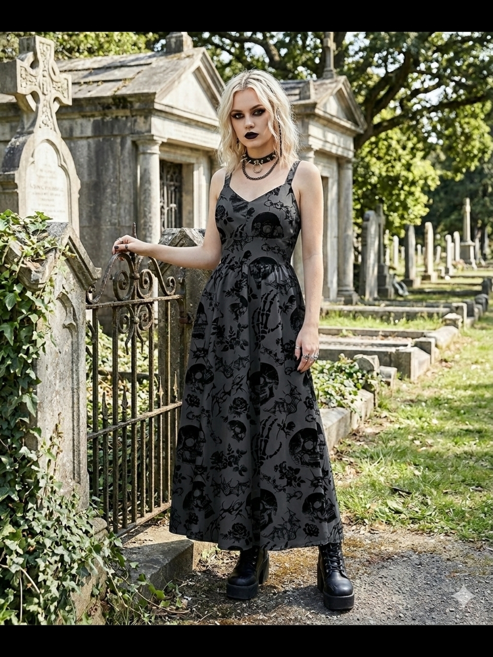 Sleeveless Black Floral Skull Maxi Dress
